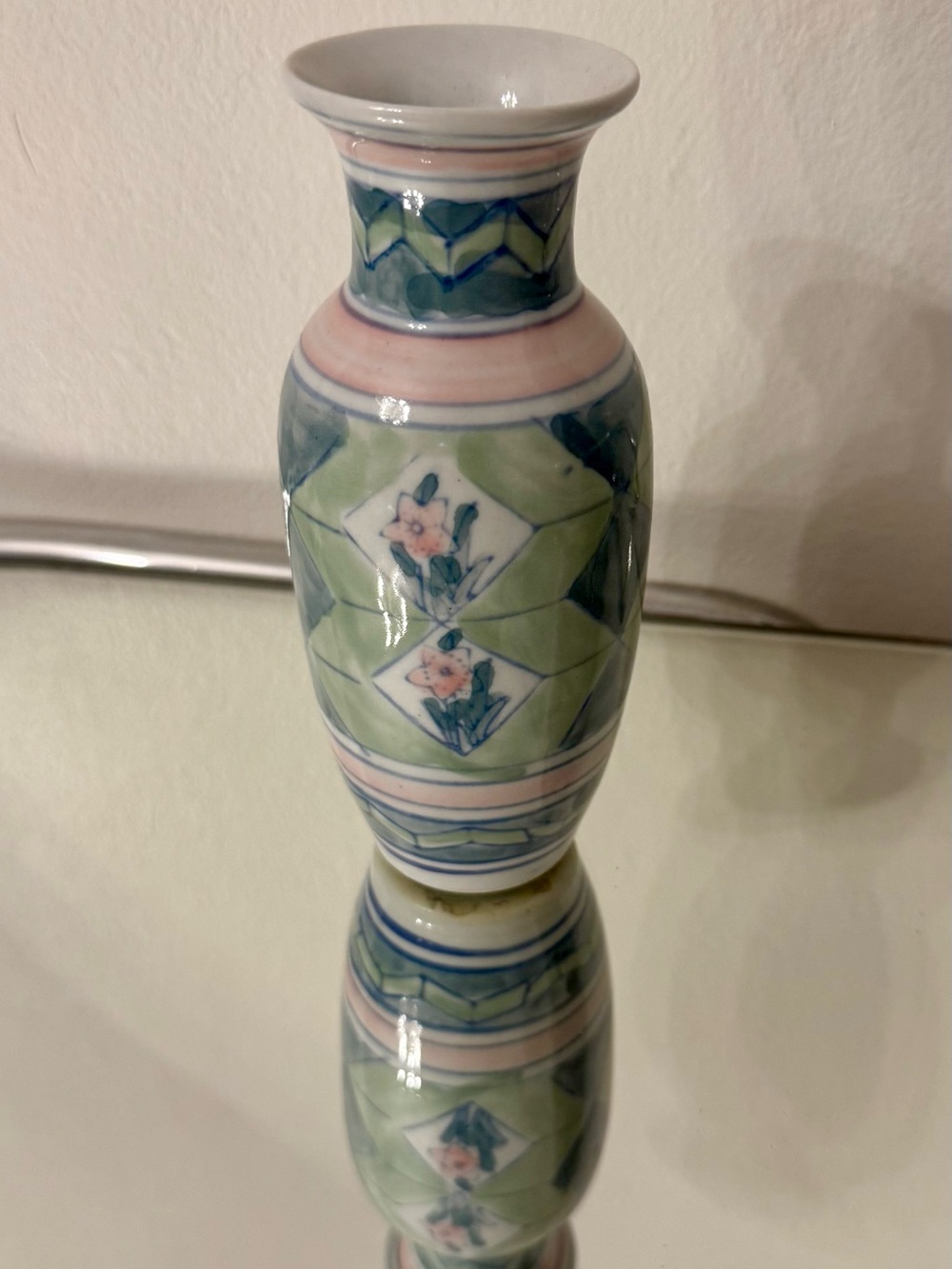Vintage Asian mini 6” vase. Light pink and green.